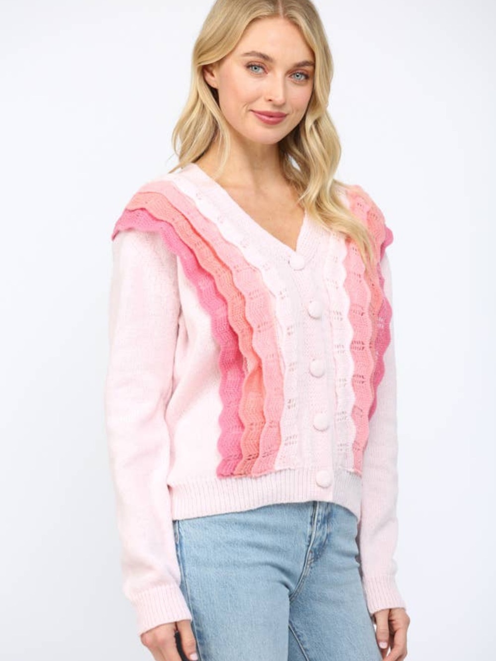 V-Neck Pink Gradient Ruffle Knit Cardigan Sweater by fate NWOT - Picture 4 of 9